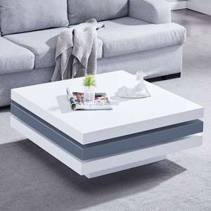 Triplo Square High Gloss Rotating Coffee Table In White And Grey